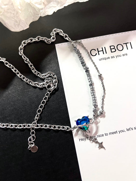 Galaxy Heart Blue Green Zircon Necklace