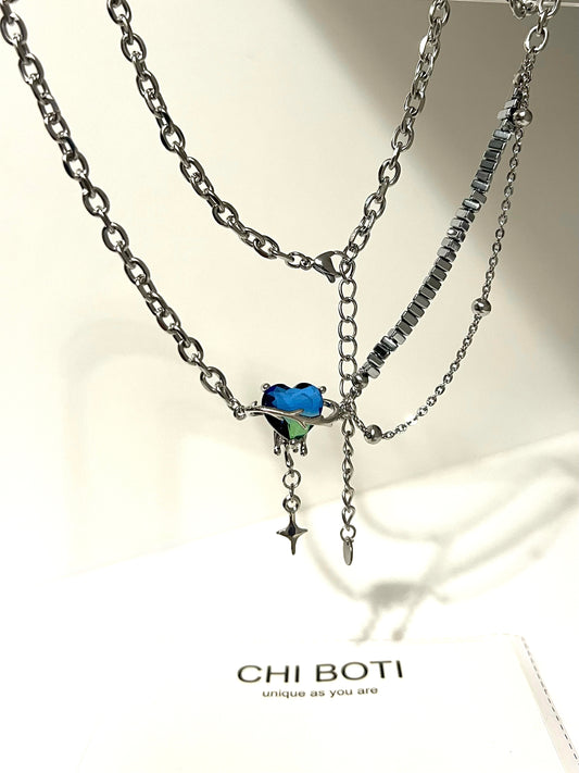 Galaxy Heart Blue Green Zircon Necklace