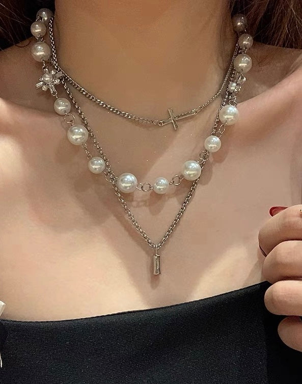 Gothic Cross 3-Layer Pearl Necklace