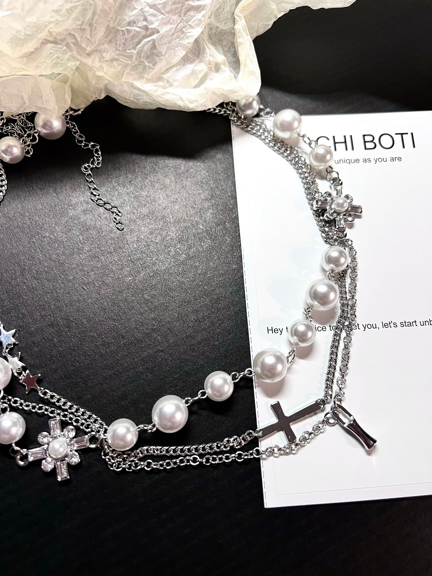 Gothic Cross 3-Layer Pearl Necklace