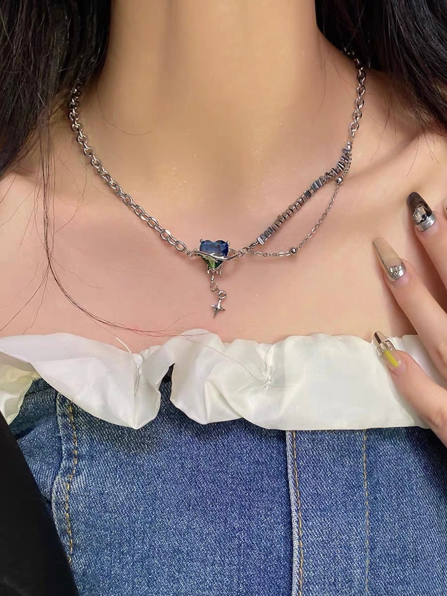 Galaxy Heart Blue Green Zircon Necklace