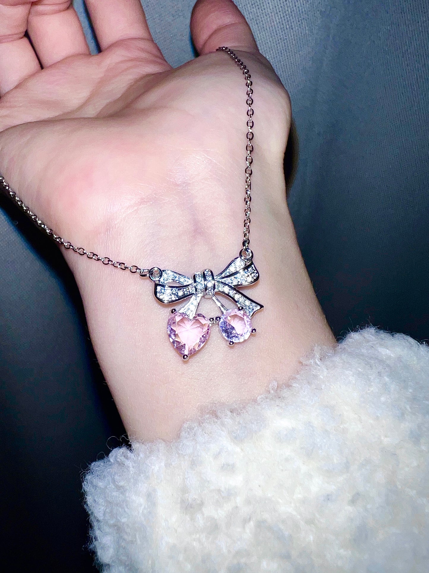 Bowknot Cherry Pink Cubic Zirconia Necklace