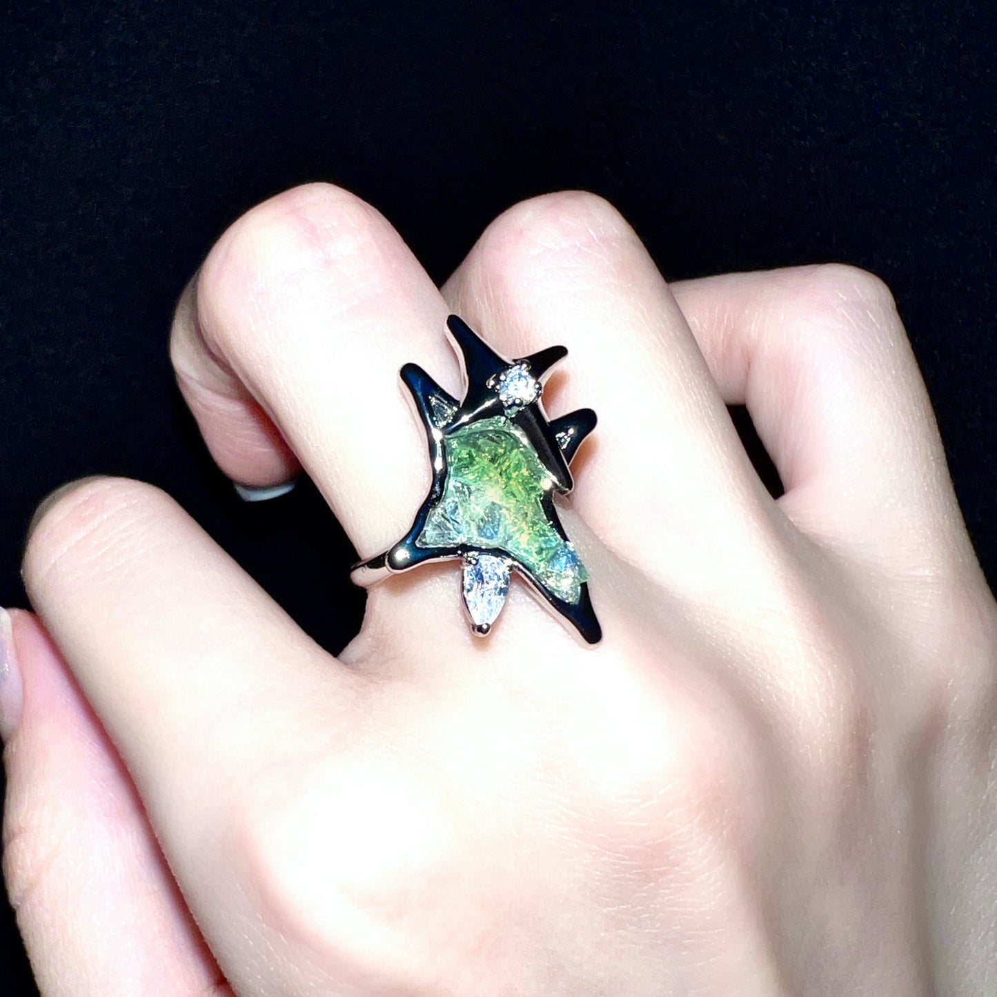 Platinum Plated Green Gem Star Ring