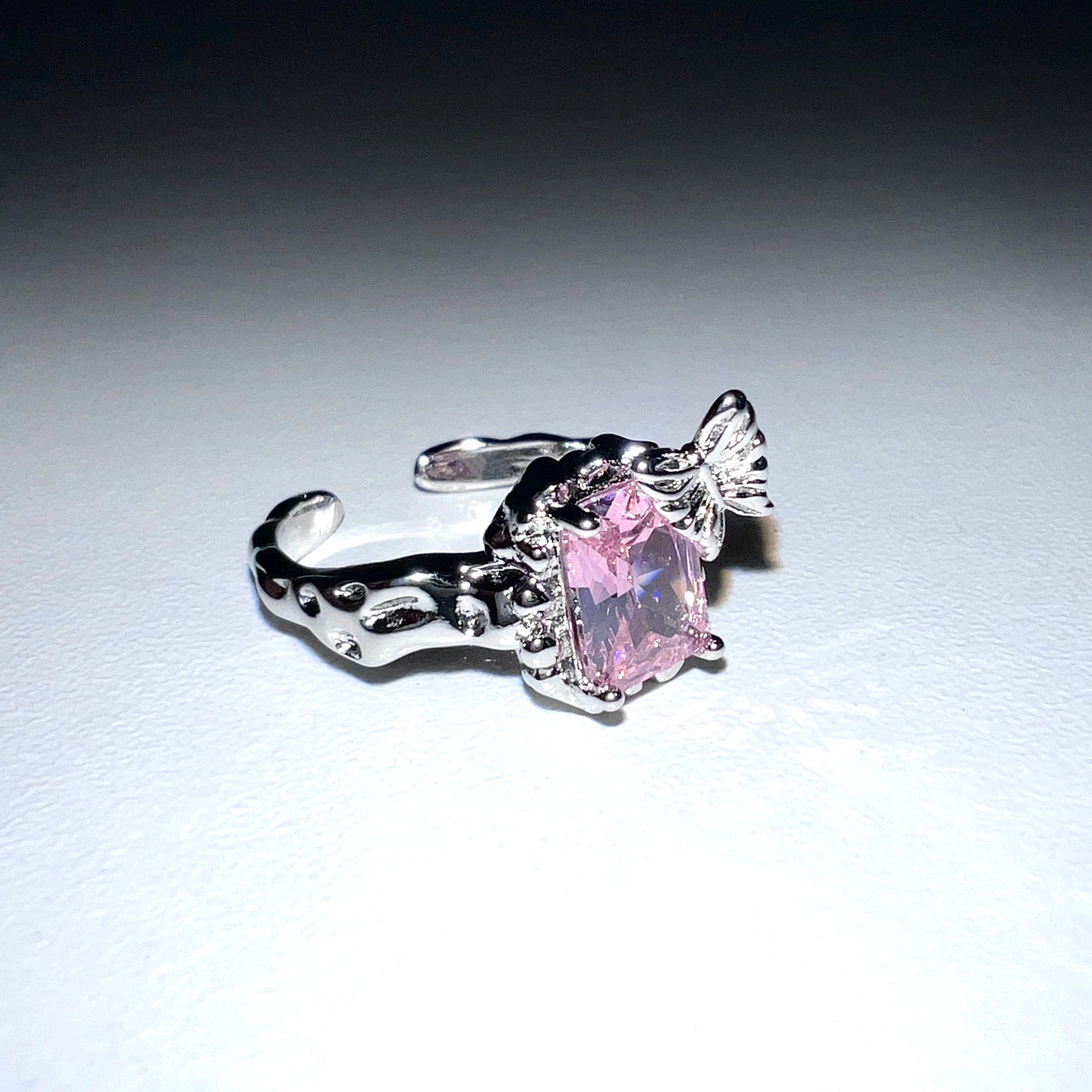 Platinum Plated Pink Gem Butterfly Ring Set