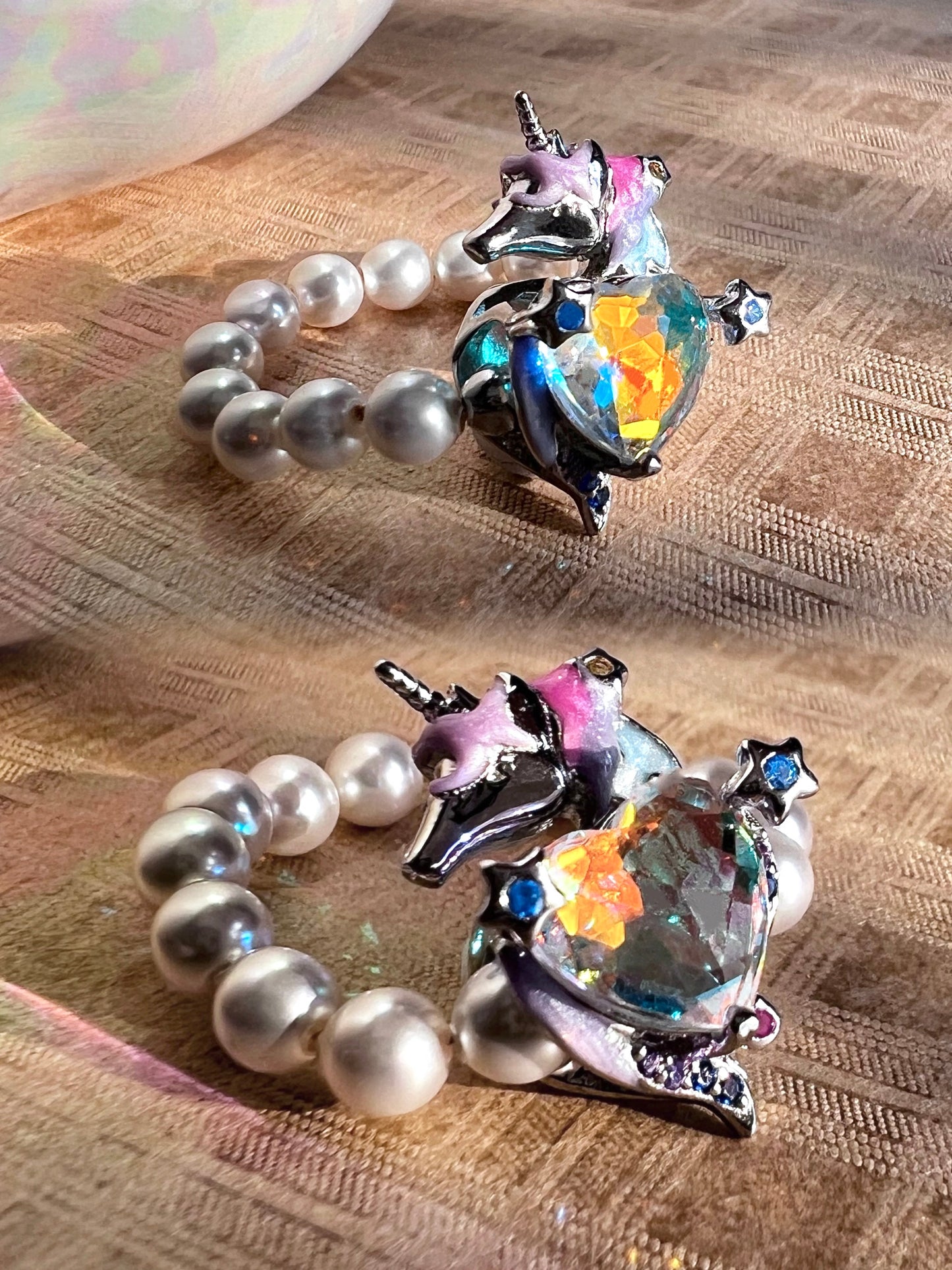 Sterling Silver Unicorn Swarovski Crystal Pearl Ring