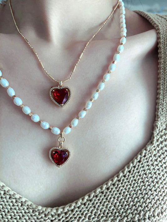 Crown Heart Natural Pearl Ruby Necklace Set