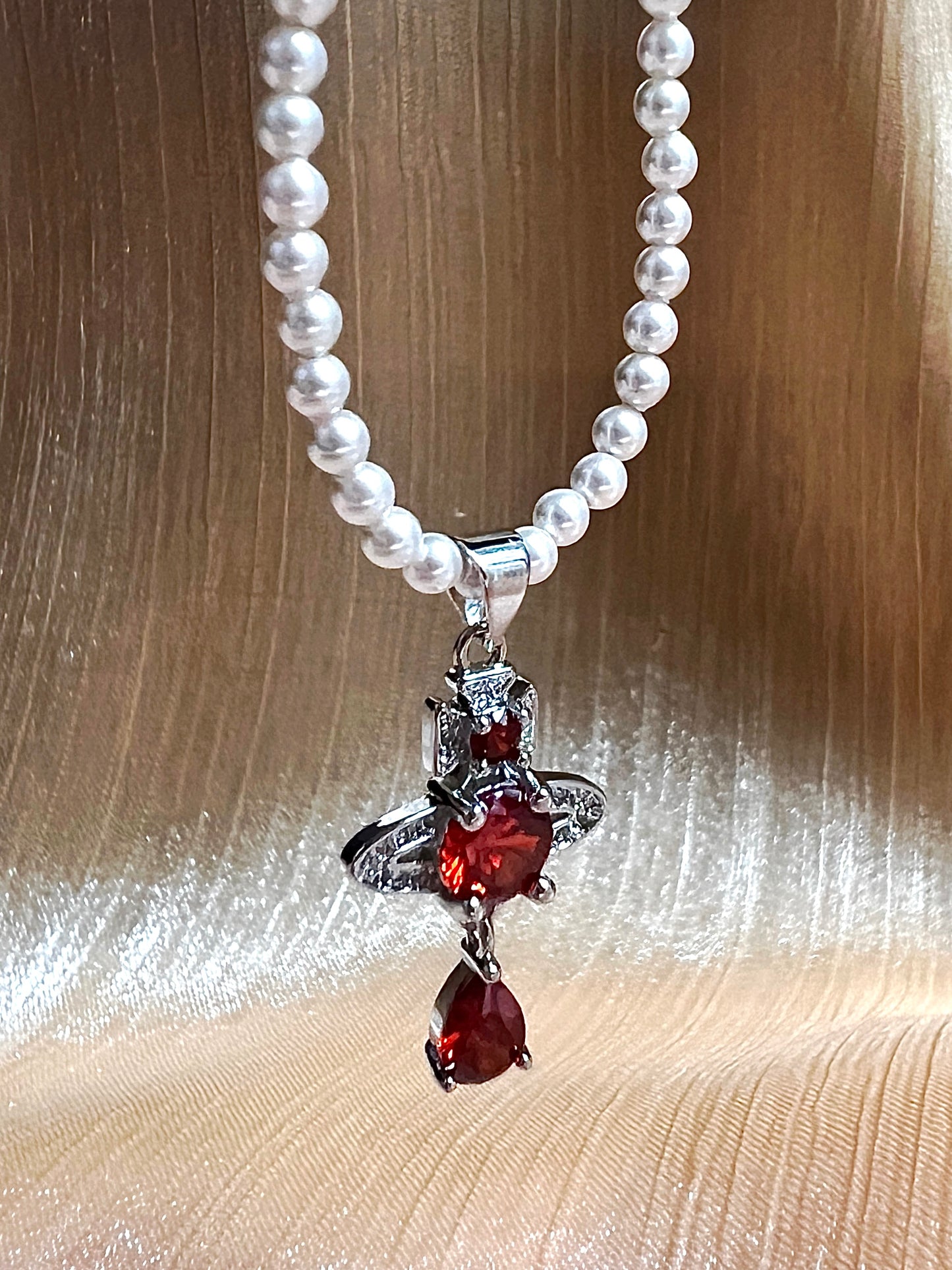 Saturn Ruby Swarovski Crystal Pearl Necklace