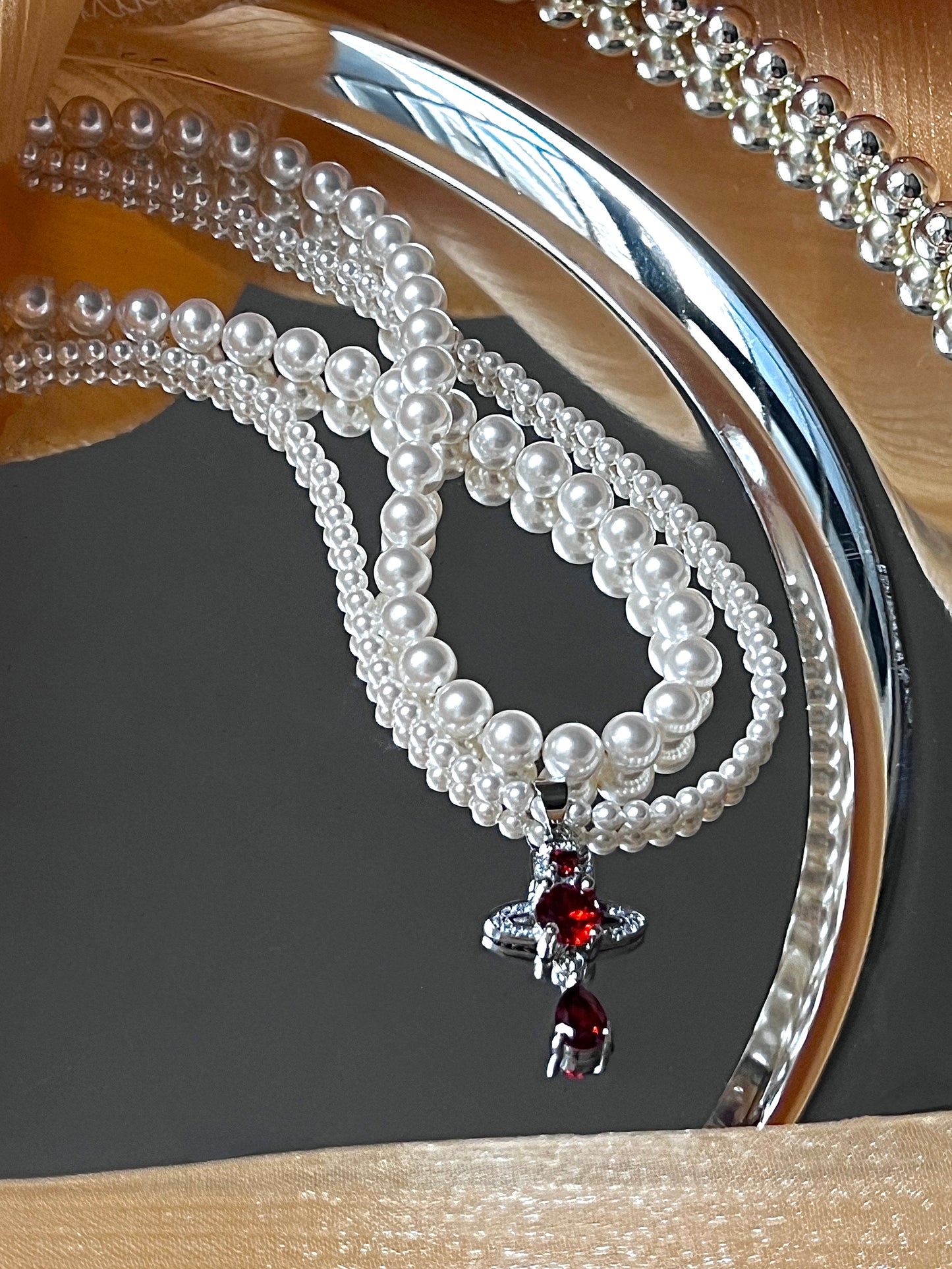 Saturn Ruby Swarovski Crystal Pearl Necklace