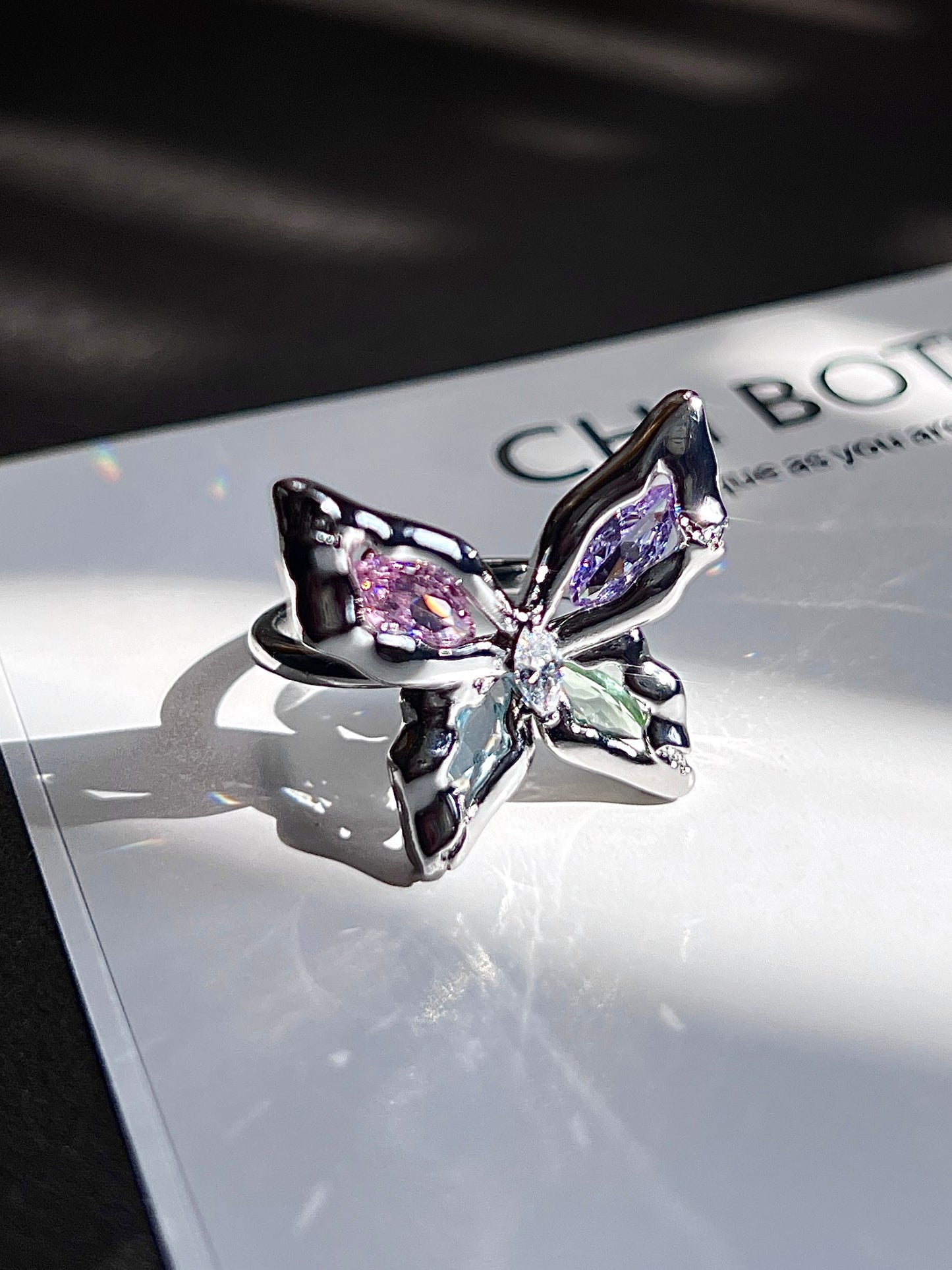 Platinum Plated Colorful Gems Butterfly Ring