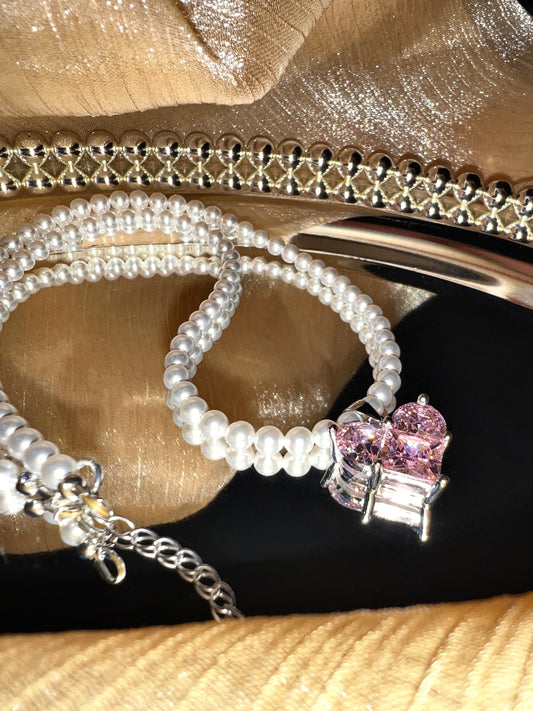 Pink Heart Gem Swarovski Crystal Pearl Necklace