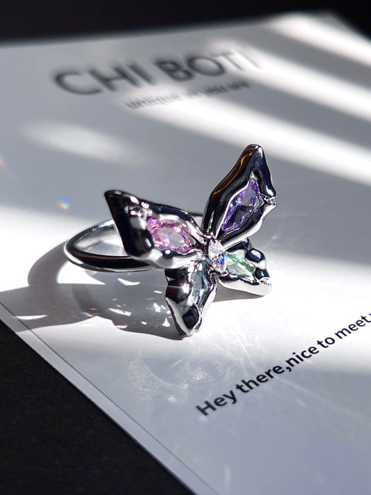 Platinum Plated Colorful Gems Butterfly Ring