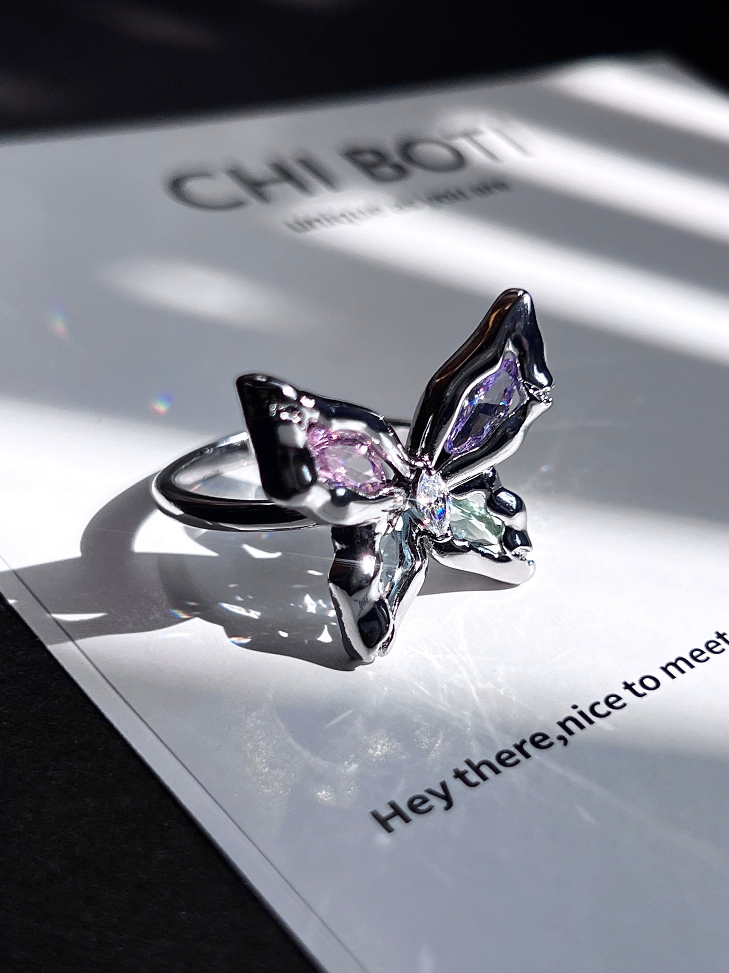 Platinum Plated Colorful Gems Butterfly Ring