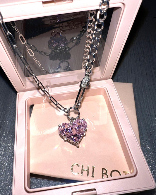 Princess Pink Heart Pin Zircon Necklace