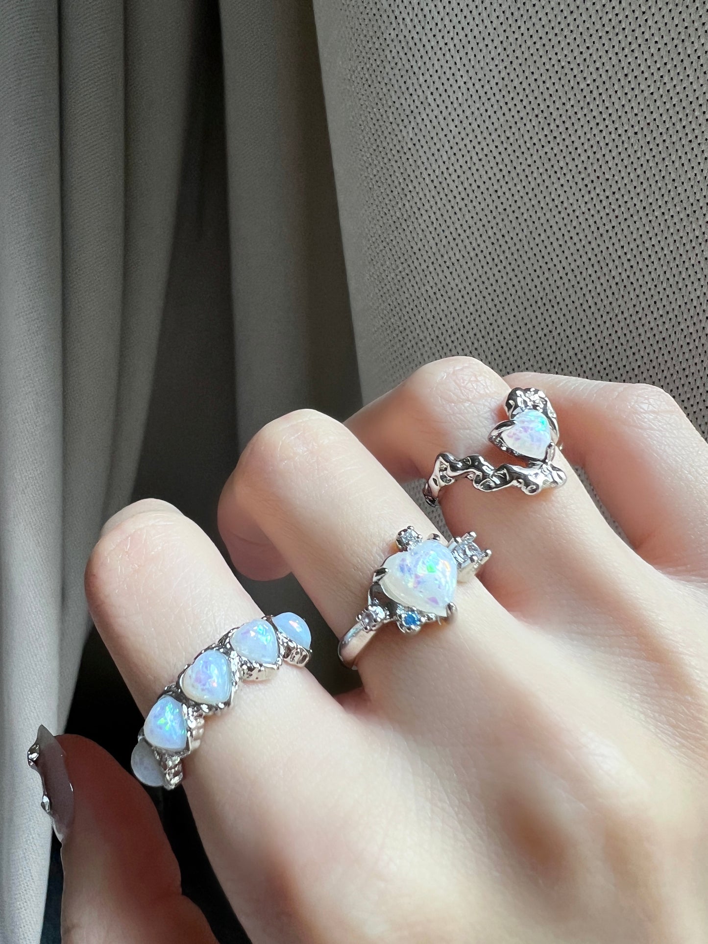 Platinum plated Silk Opal Heart Set