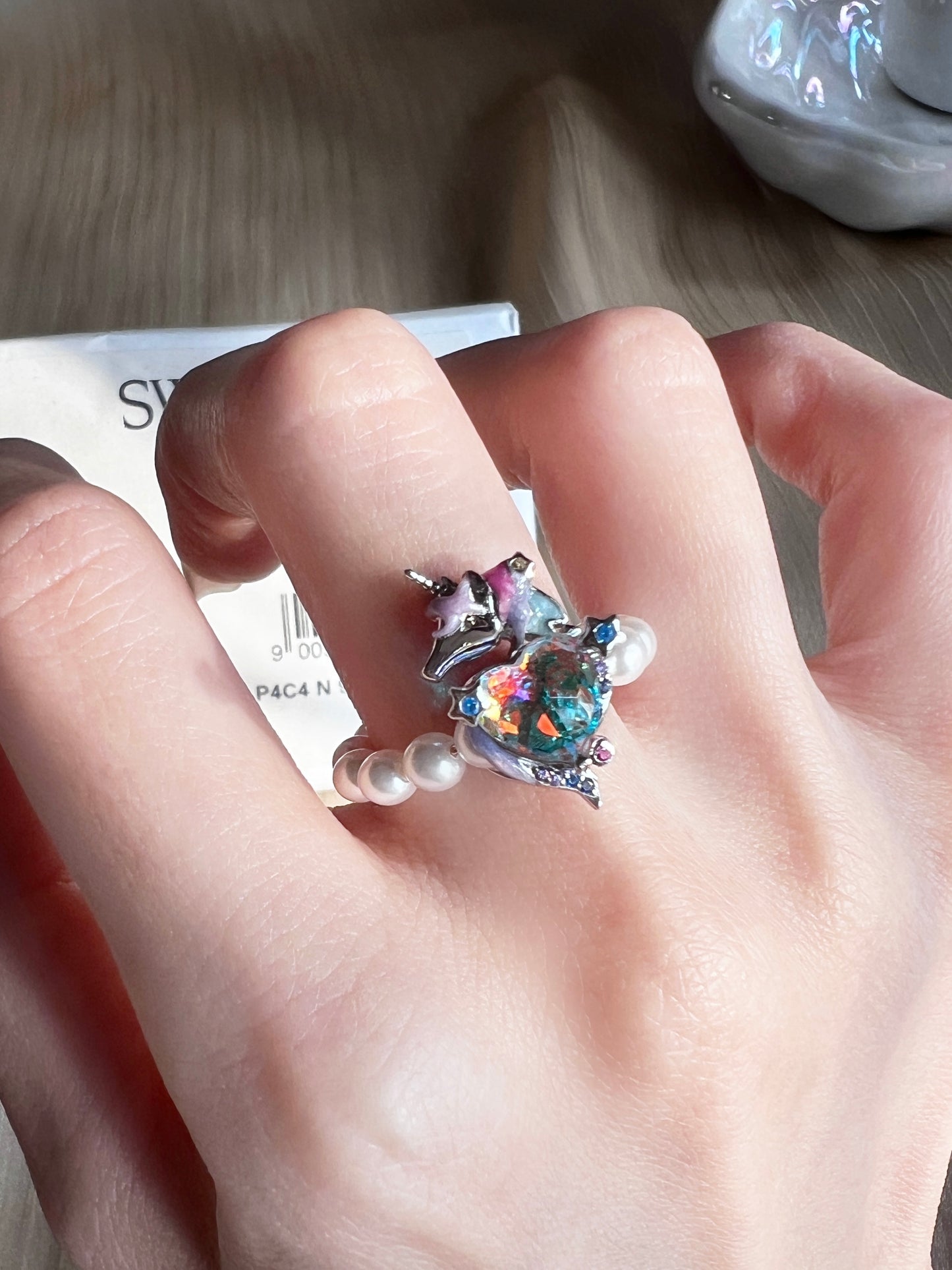 Sterling Silver Unicorn Swarovski Crystal Pearl Ring