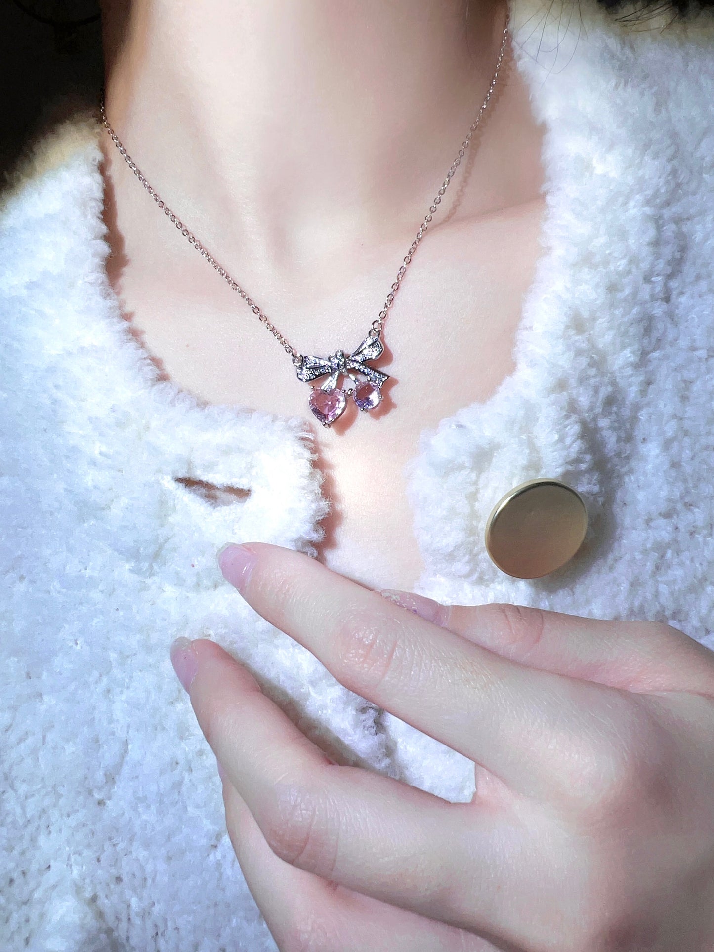 Bowknot Cherry Pink Cubic Zirconia Necklace