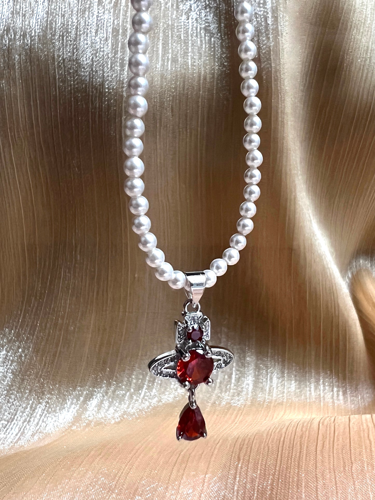 Saturn Ruby Swarovski Crystal Pearl Necklace