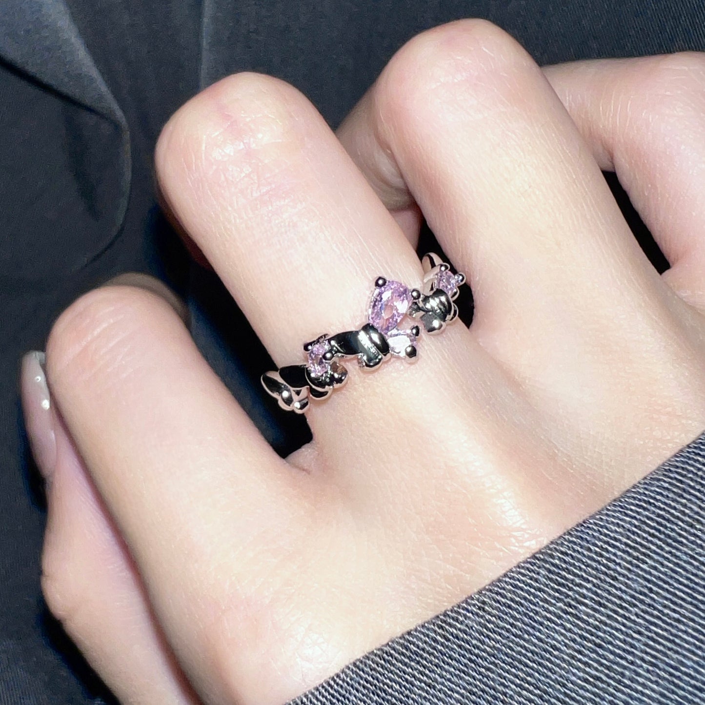 Platinum Plated Pink Gem Butterfly Ring Set