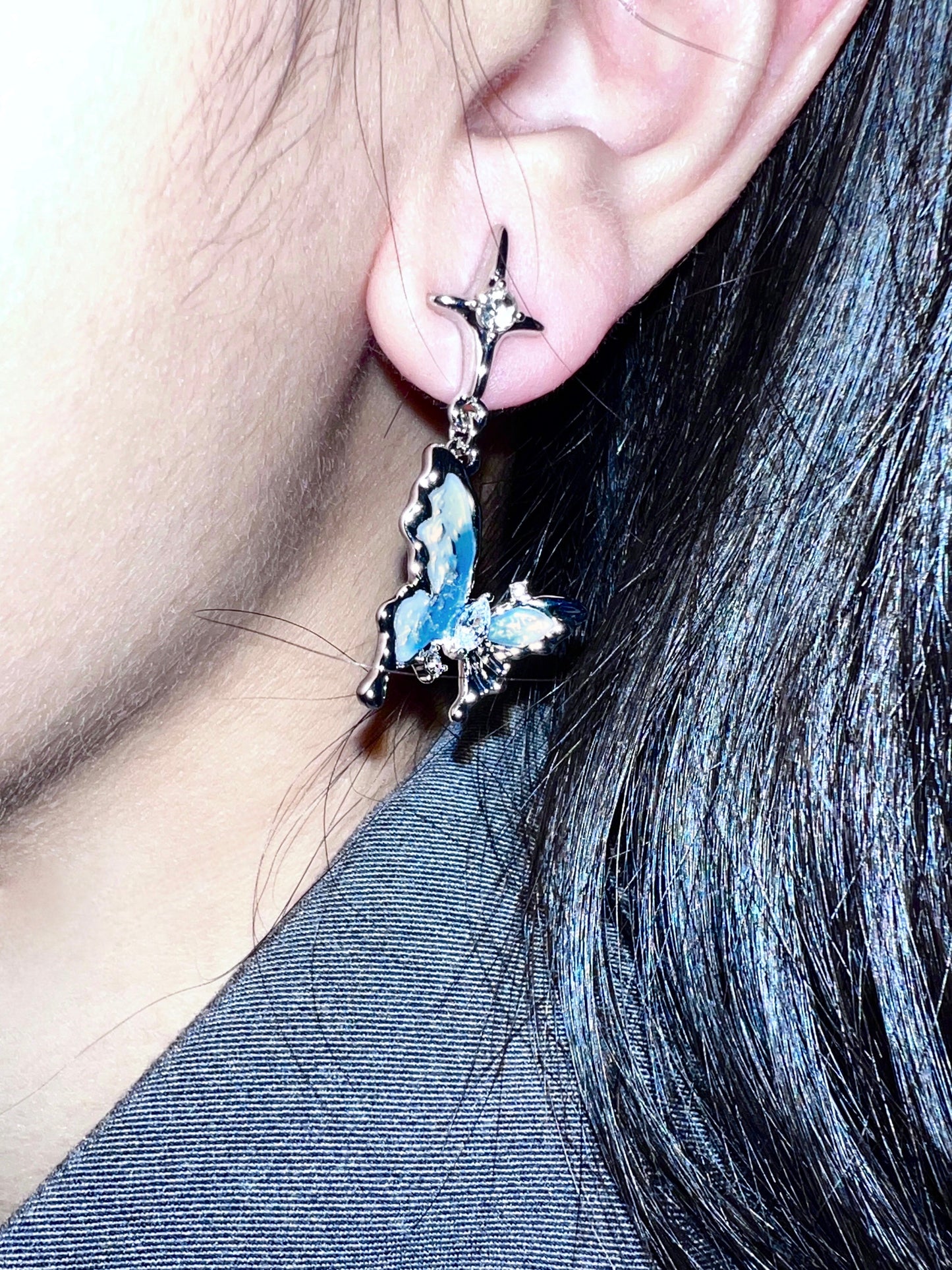 Platinum Plated Blue Butterfly Dangle Set