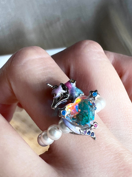 Sterling Silver Unicorn Swarovski Crystal Pearl Ring