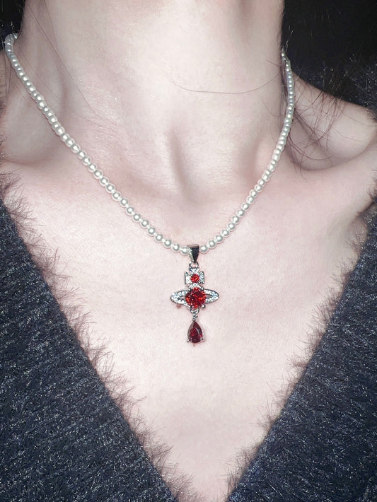 Saturn Ruby Swarovski Crystal Pearl Necklace