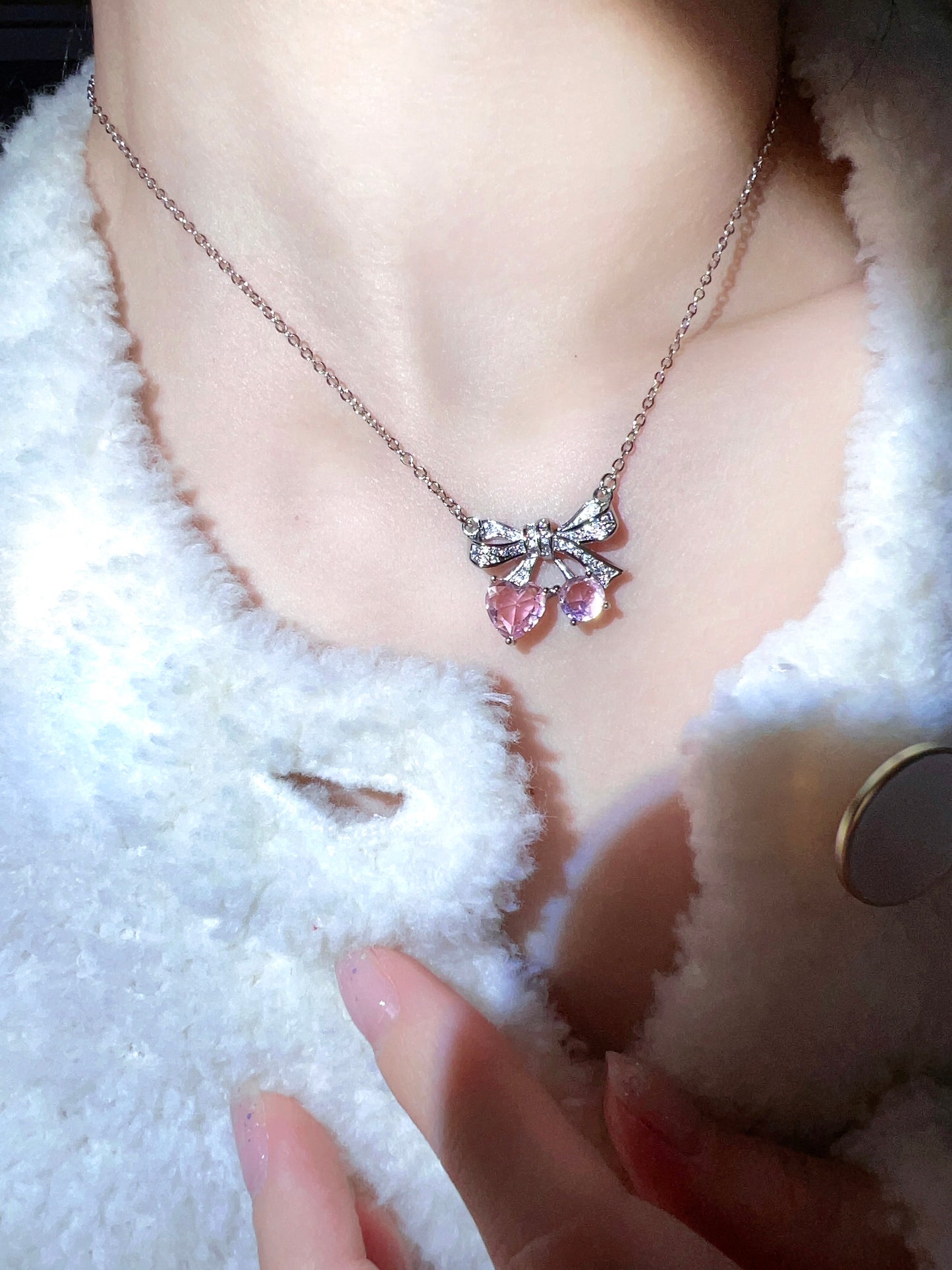 Bowknot Cherry Pink Cubic Zirconia Necklace