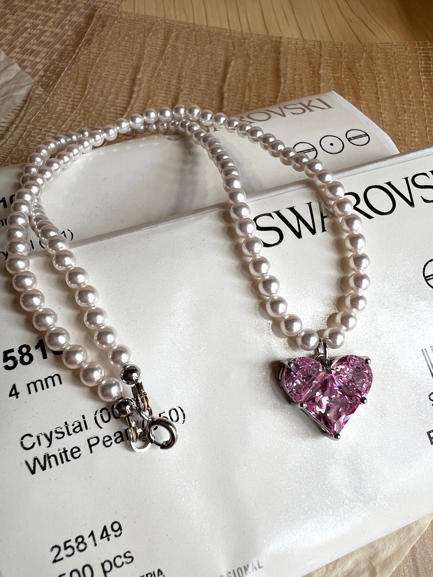 Pink Heart Gem Swarovski Crystal Pearl Necklace