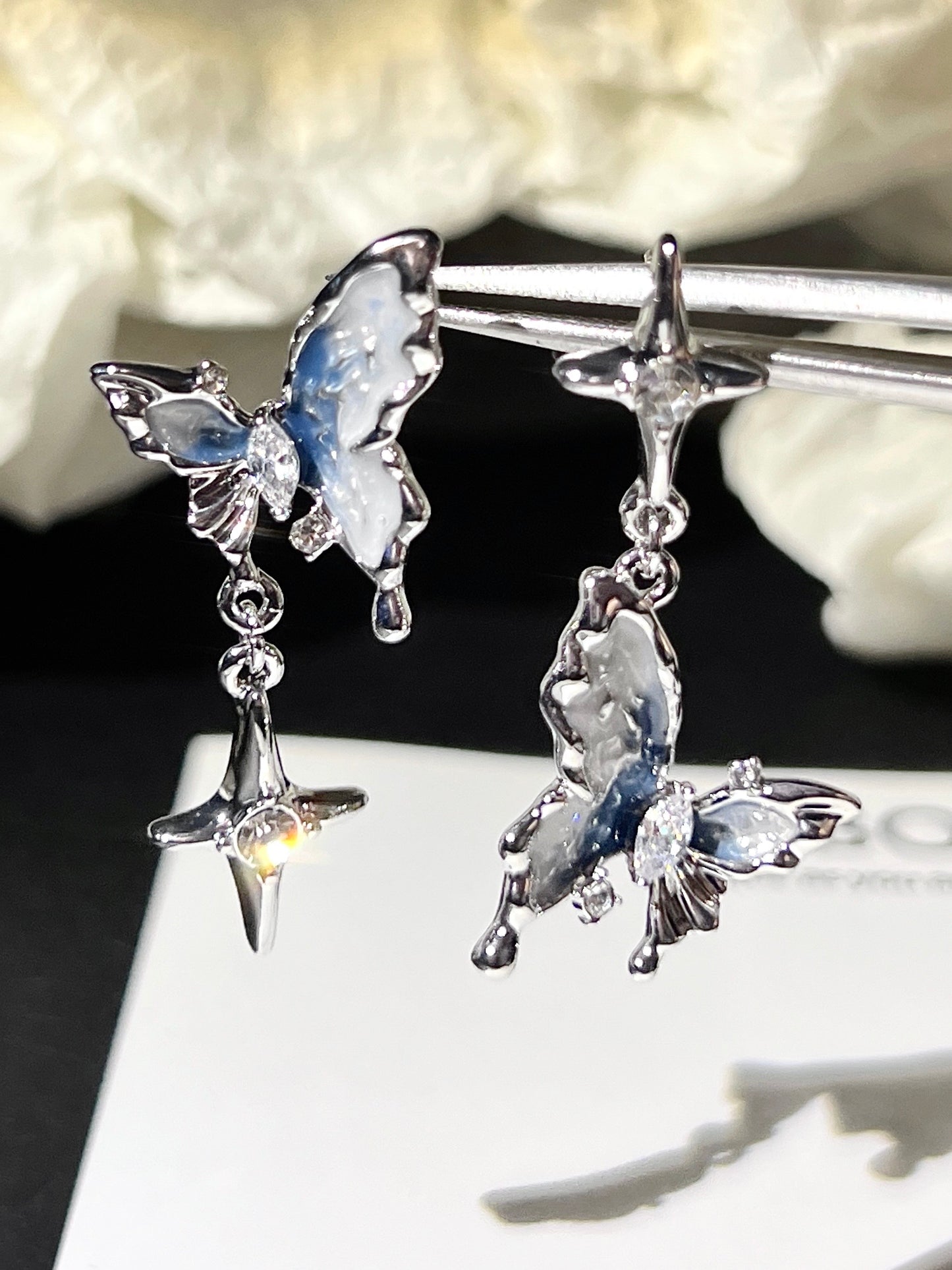 Platinum Plated Blue Butterfly Dangle Set