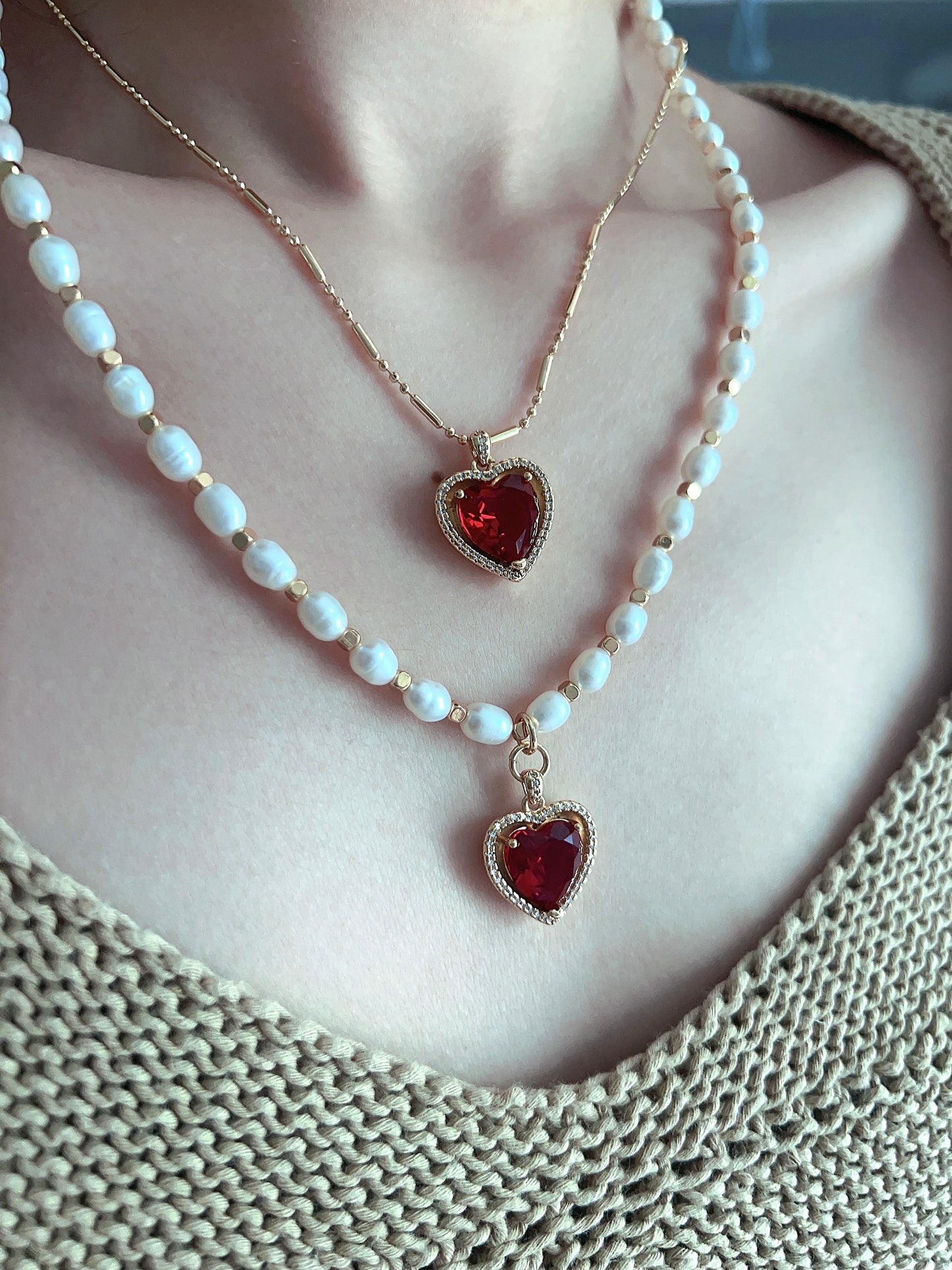 Crown Heart Natural Pearl Ruby Necklace Set