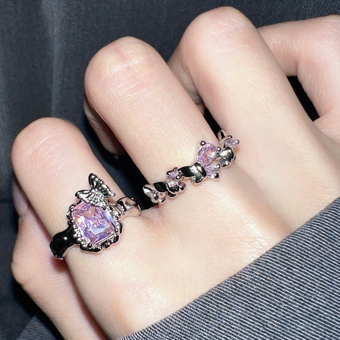 Platinum Plated Pink Gem Butterfly Ring Set