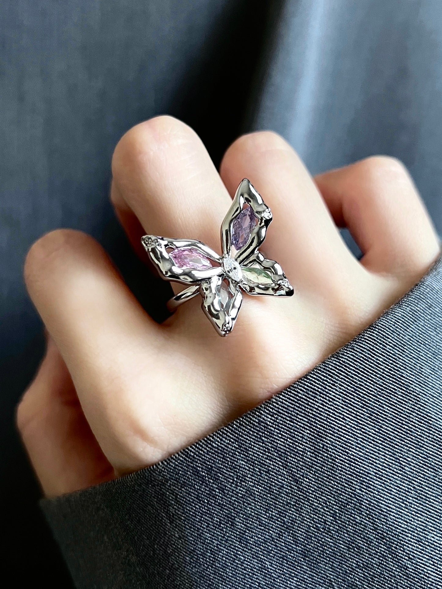 Platinum Plated Colorful Gems Butterfly Ring