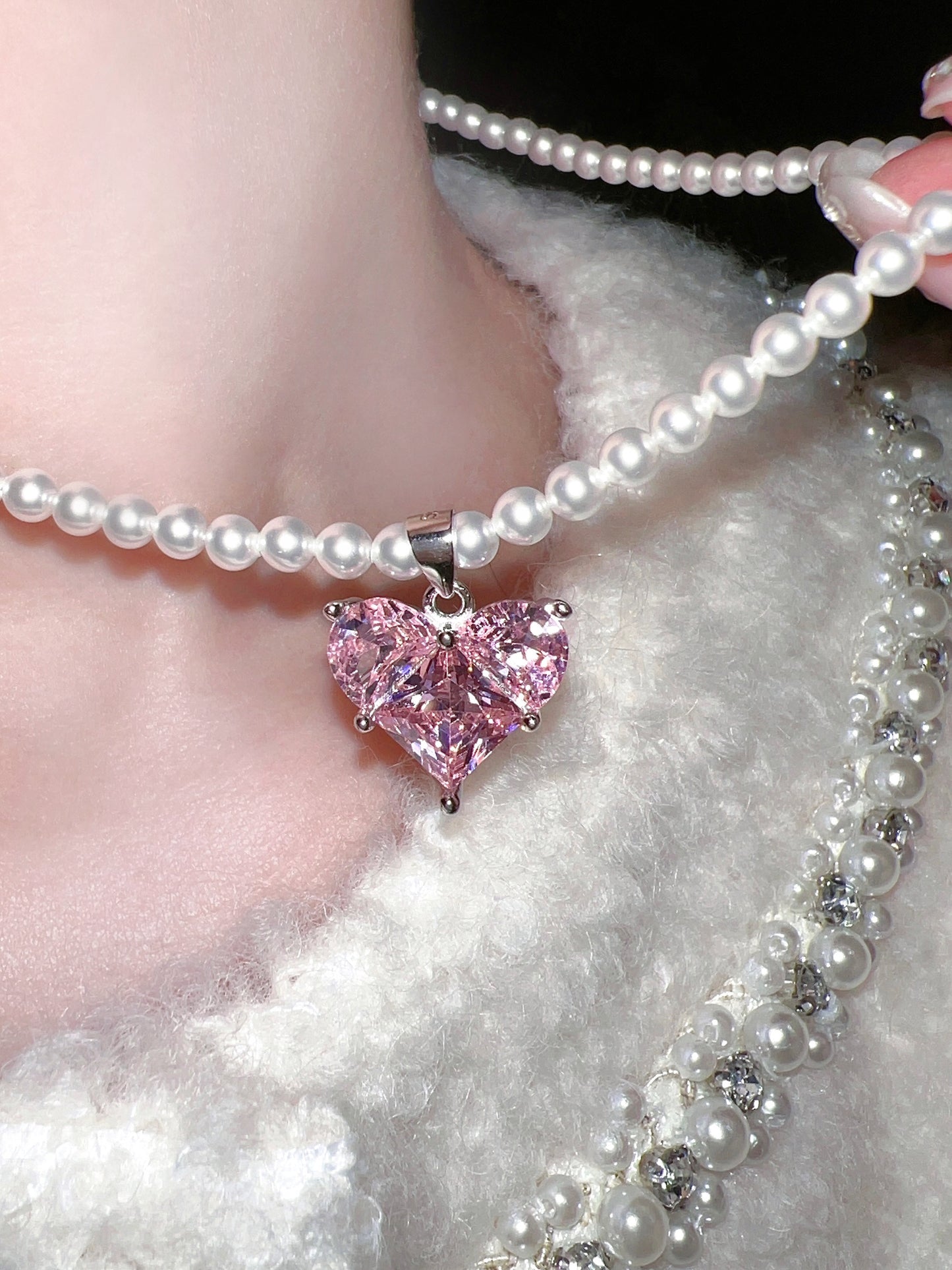 Pink Heart Gem Swarovski Crystal Pearl Necklace