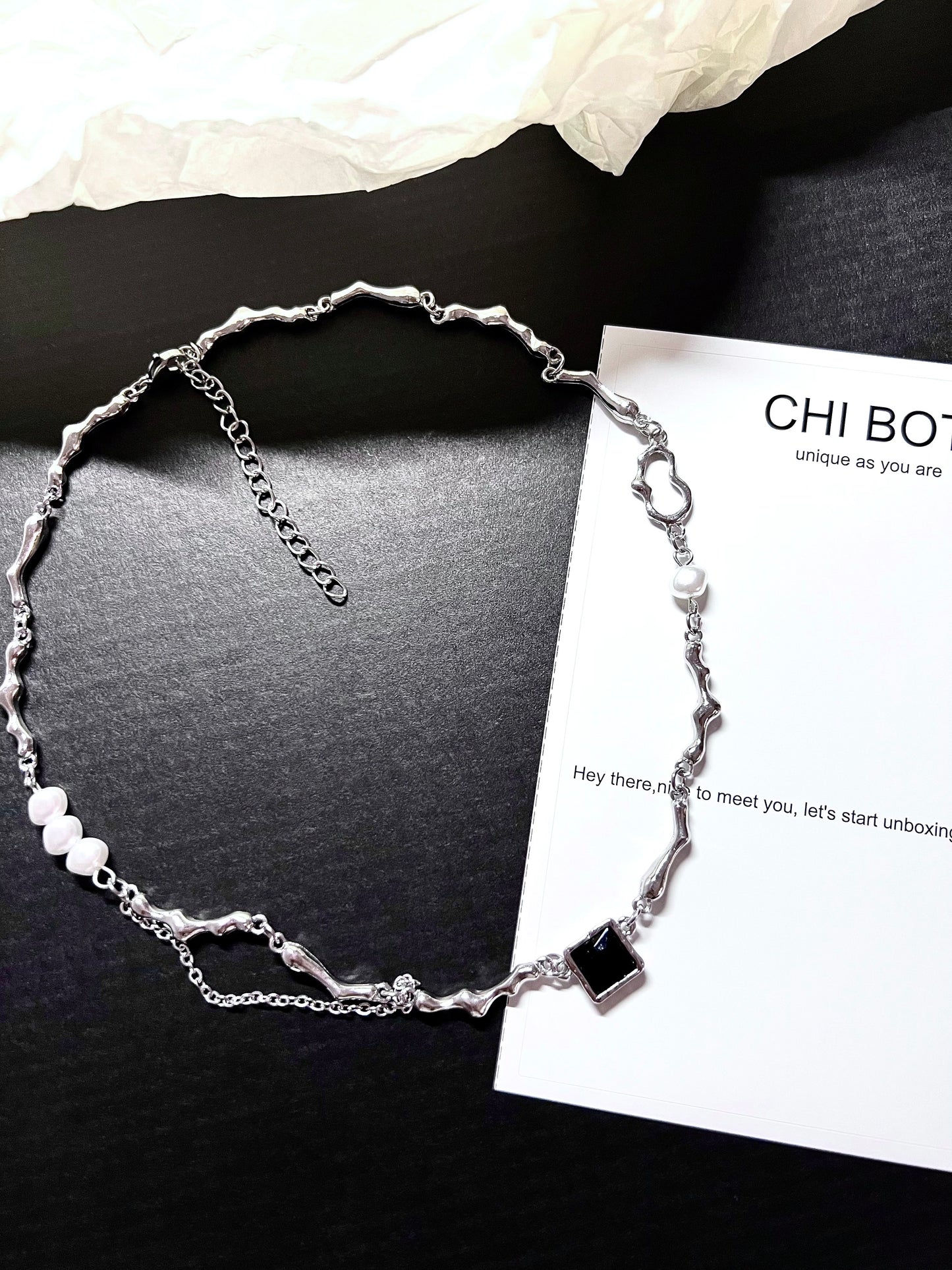 Black Cube Pearl Twist Necklace