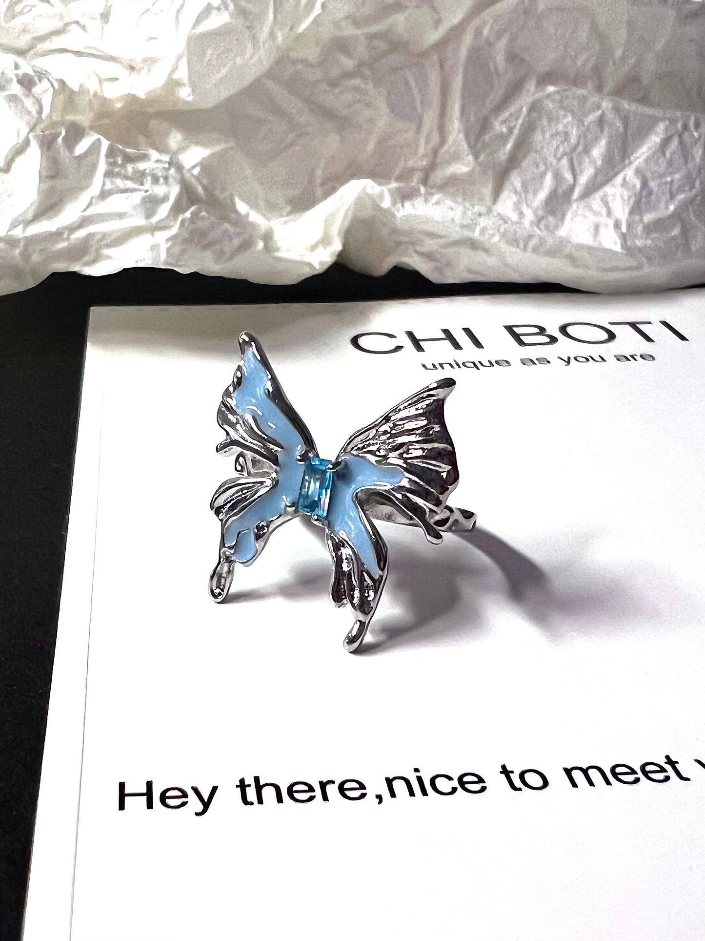 Blue Enamel Butterfly Ring