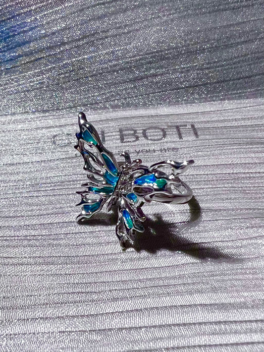 Butterfly Blue-Green Enamel Ring