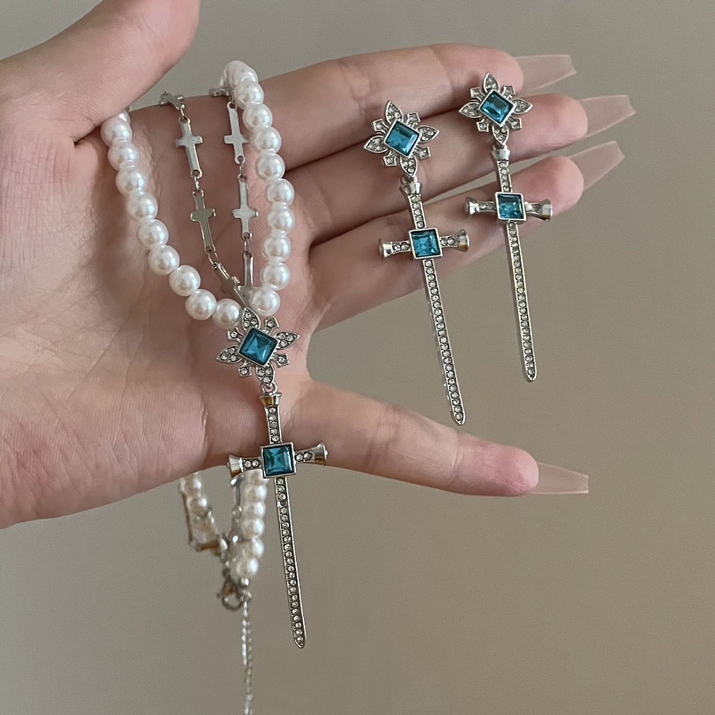 Blue Zircon Cross Pearl Necklace/Earrings