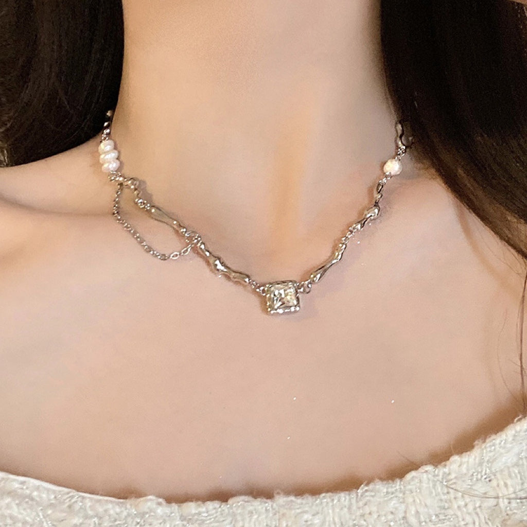 Silver Cube Pearl Twist Necklace