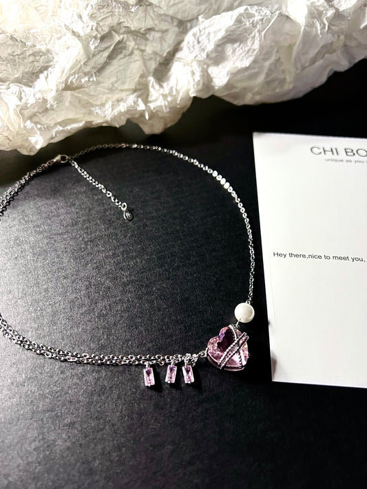 Pink Heart Zircon Tassel Necklace