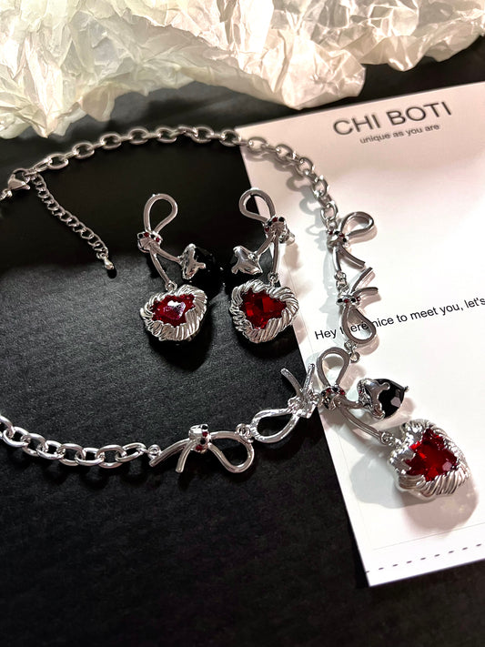 Cherry Heart Knot Necklace/Earrings