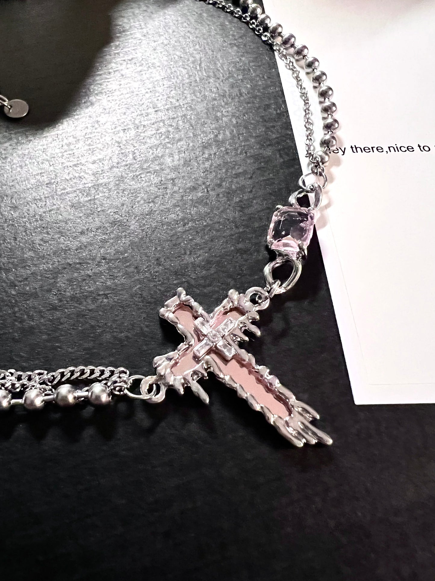 Pink Mirror Side Cross Necklace