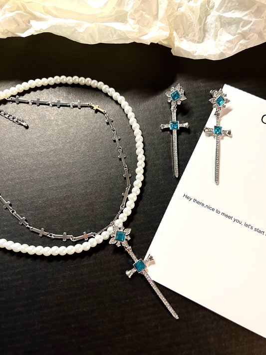 Blue Zircon Cross Pearl Necklace/Earrings