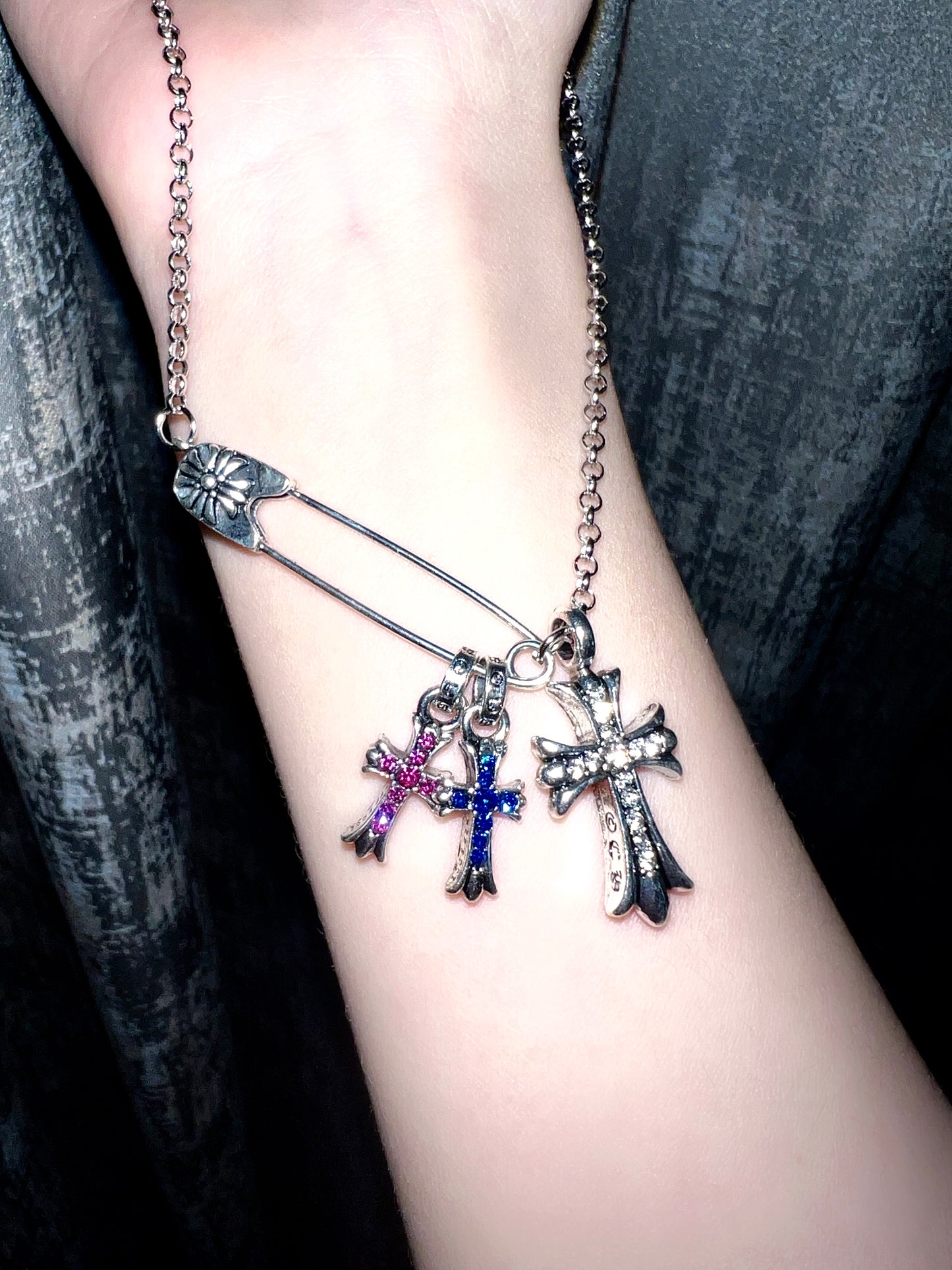 Chrome Cross Pin Gem Necklace