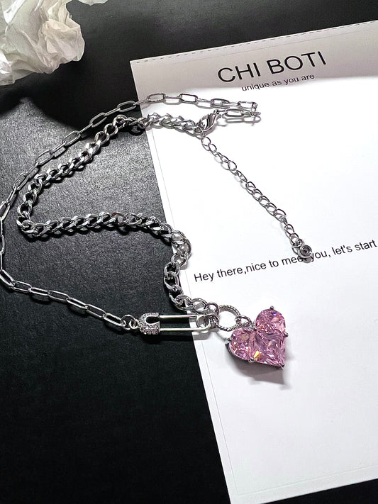 Princess Pink Heart Pin Zircon Necklace