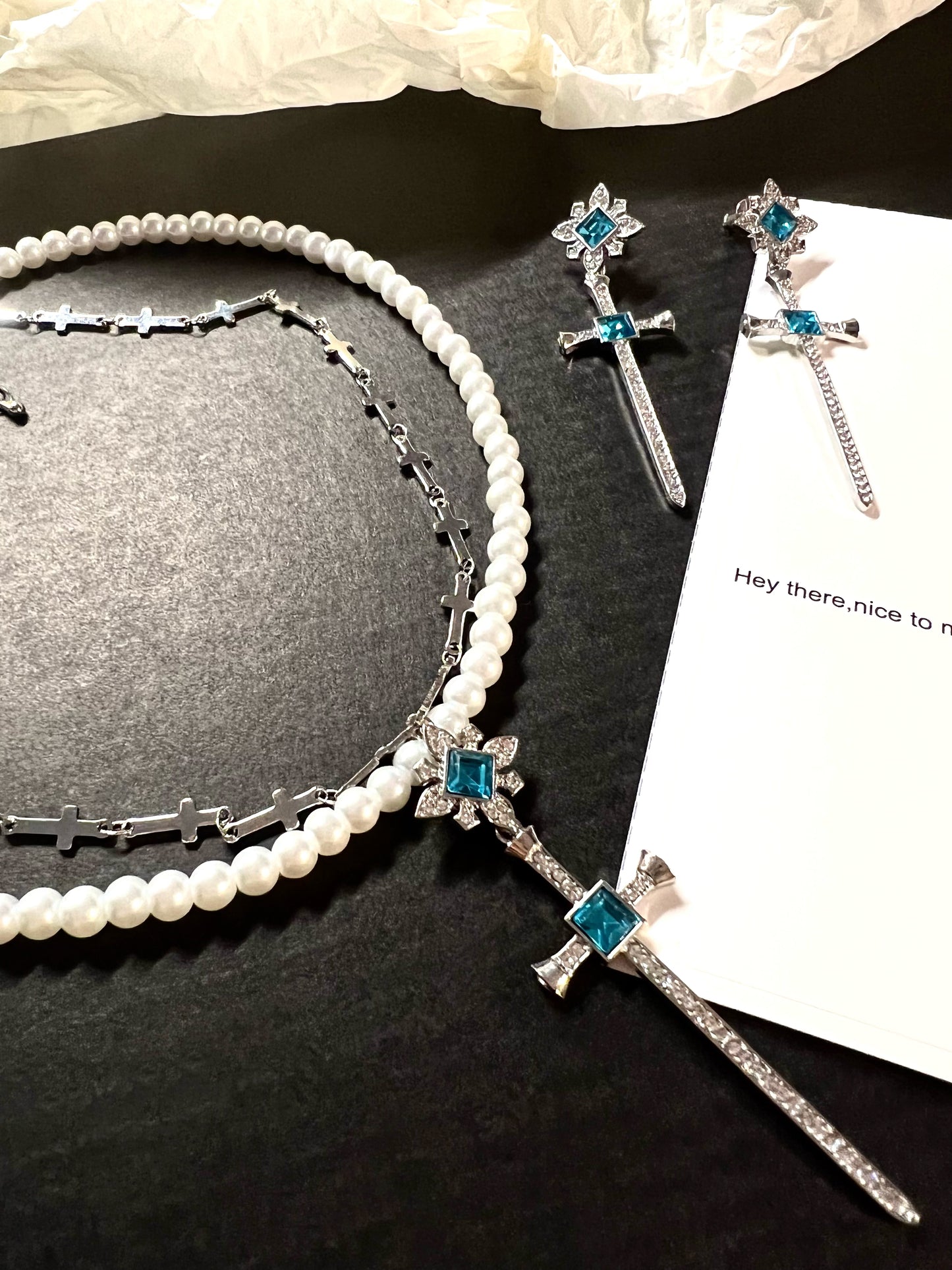 Blue Zircon Cross Pearl Necklace/Earrings