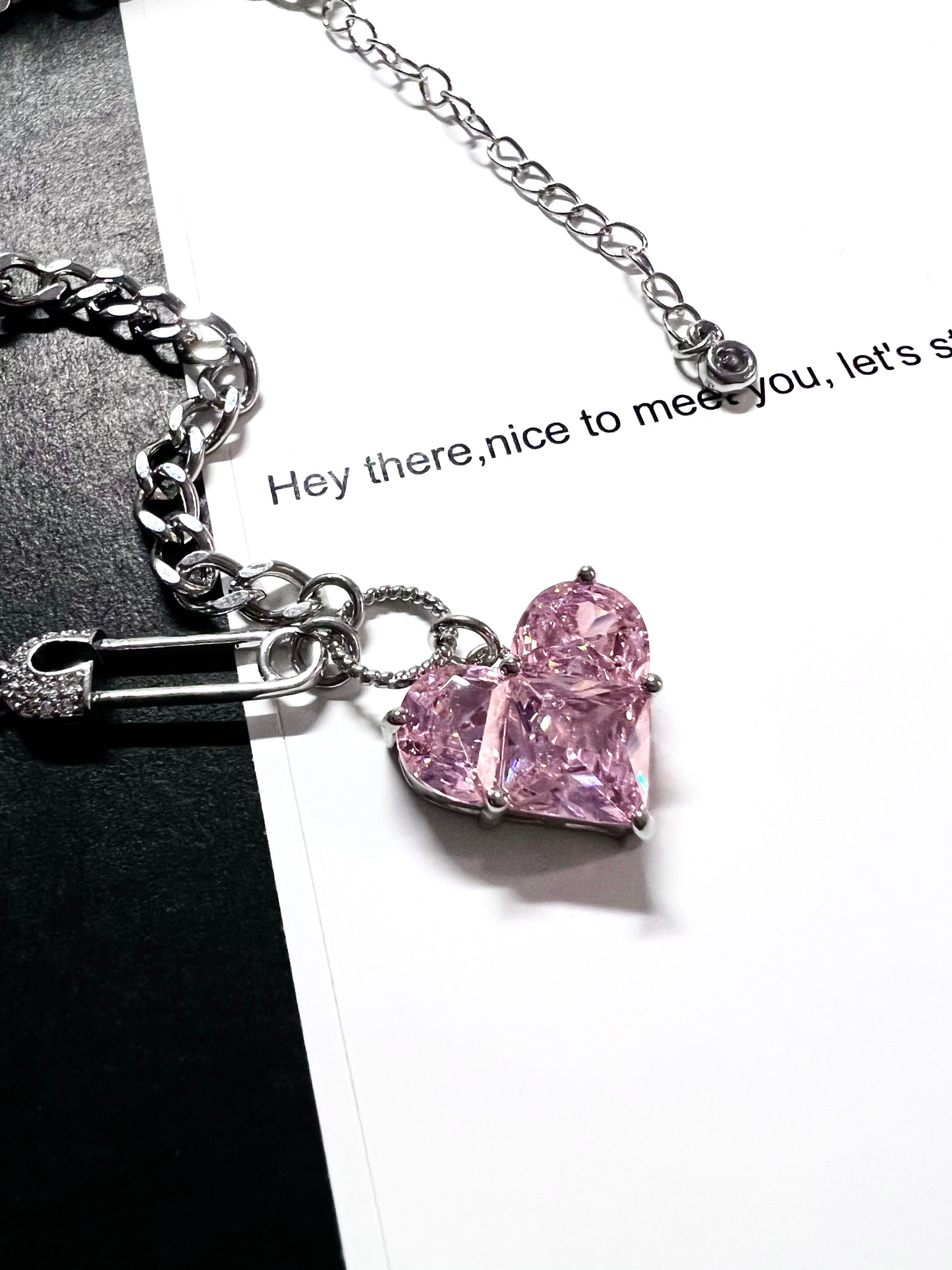 Princess Pink Heart Pin Zircon Necklace