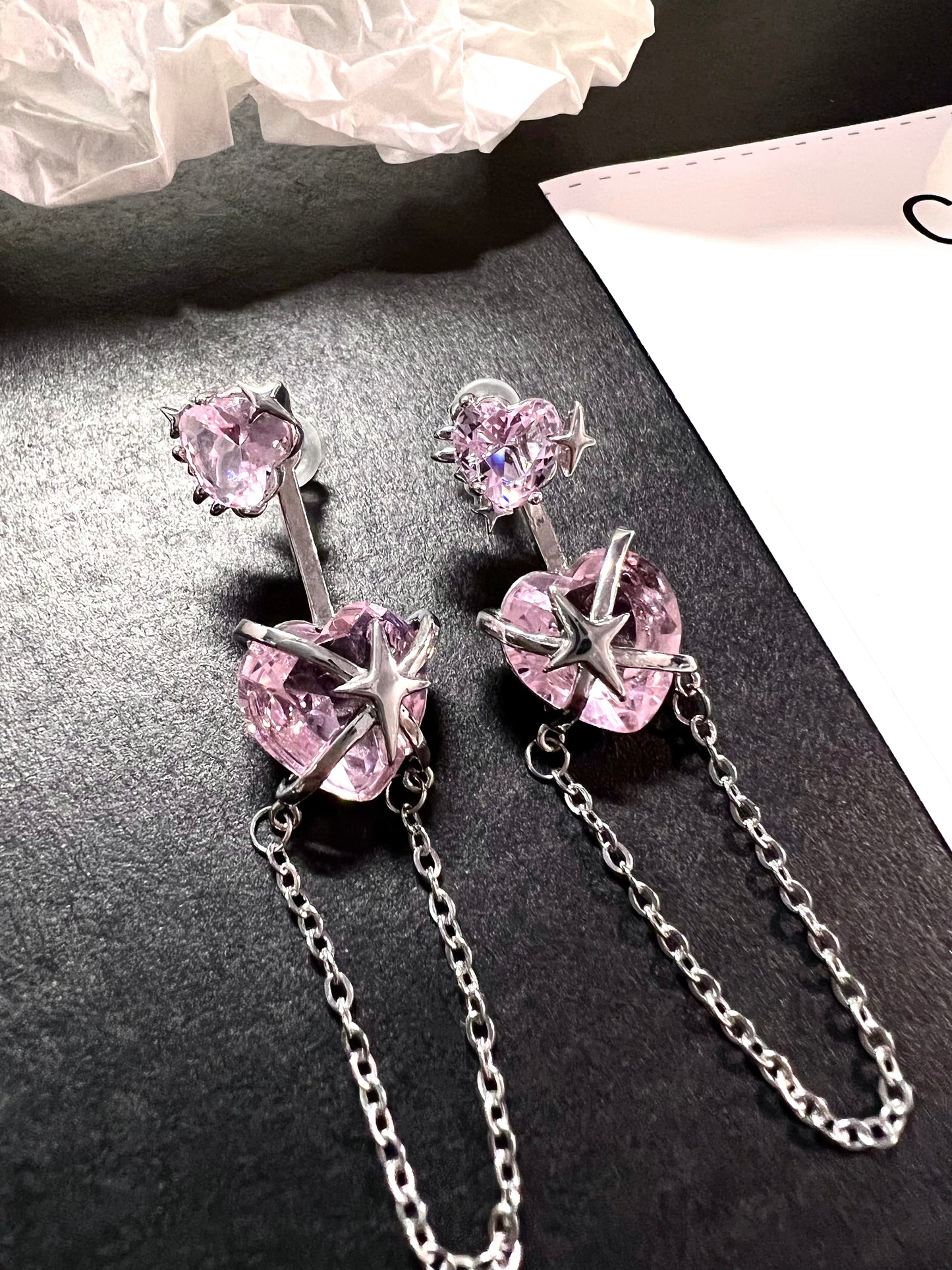 Princess Pink Heart Zircon Tassels Earrings