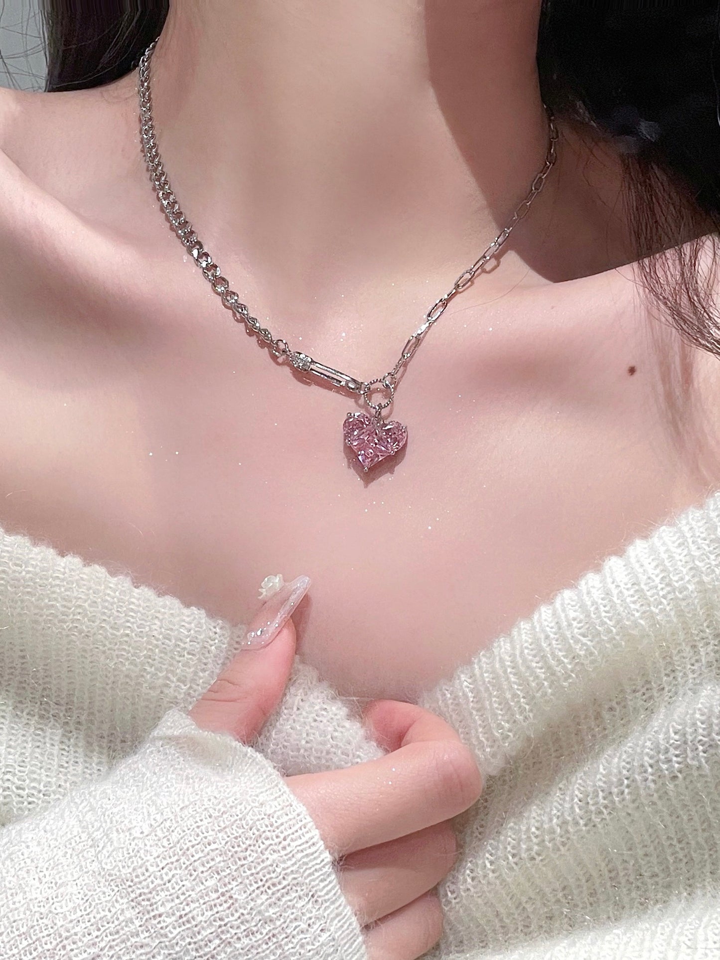 Princess Pink Heart Pin Zircon Necklace