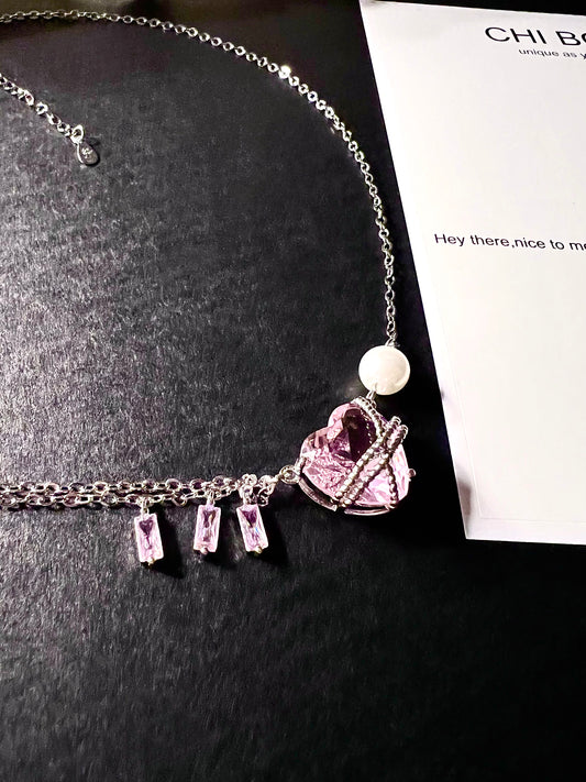 Pink Heart Zircon Tassel Necklace