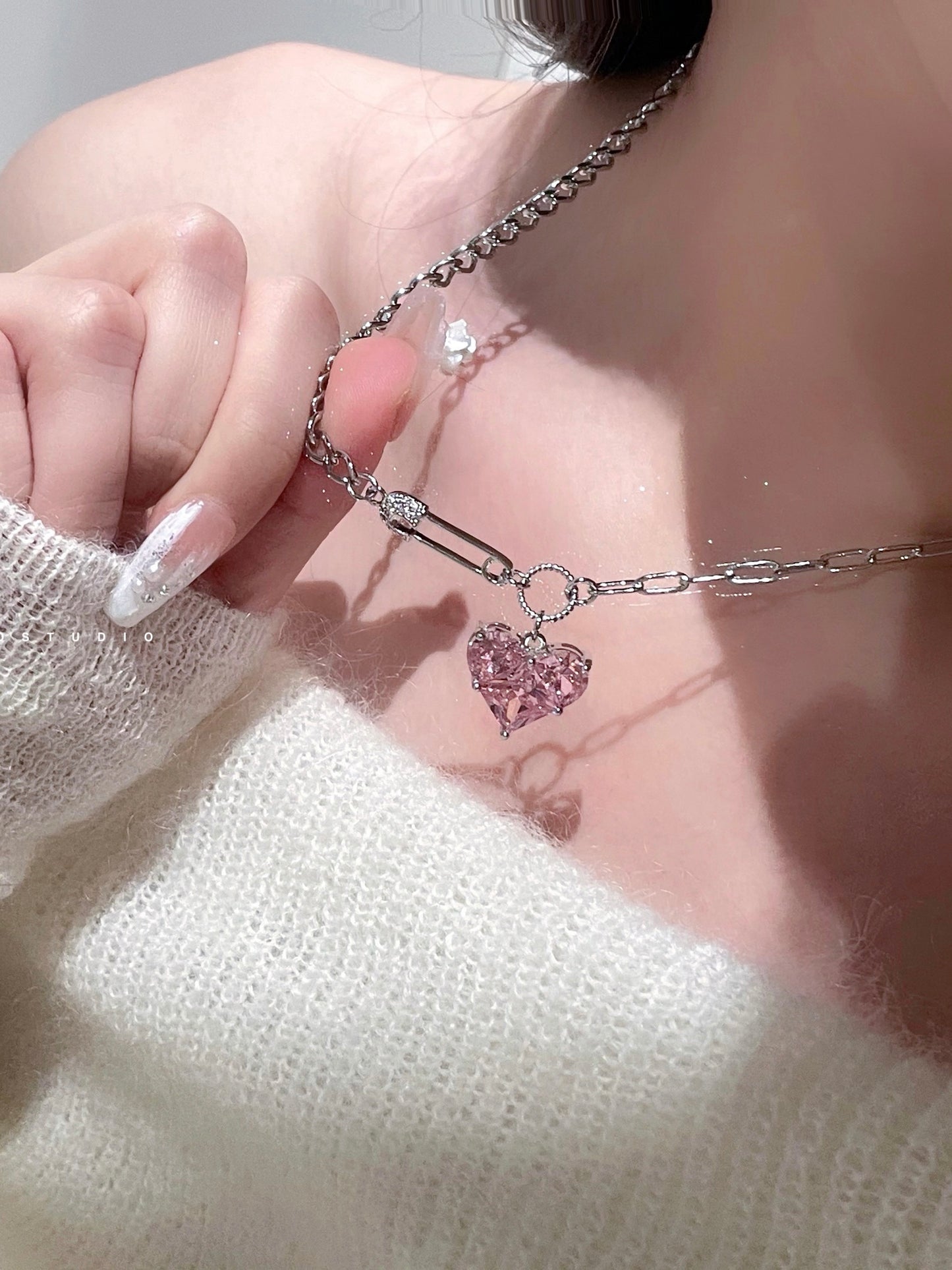 Princess Pink Heart Pin Zircon Necklace