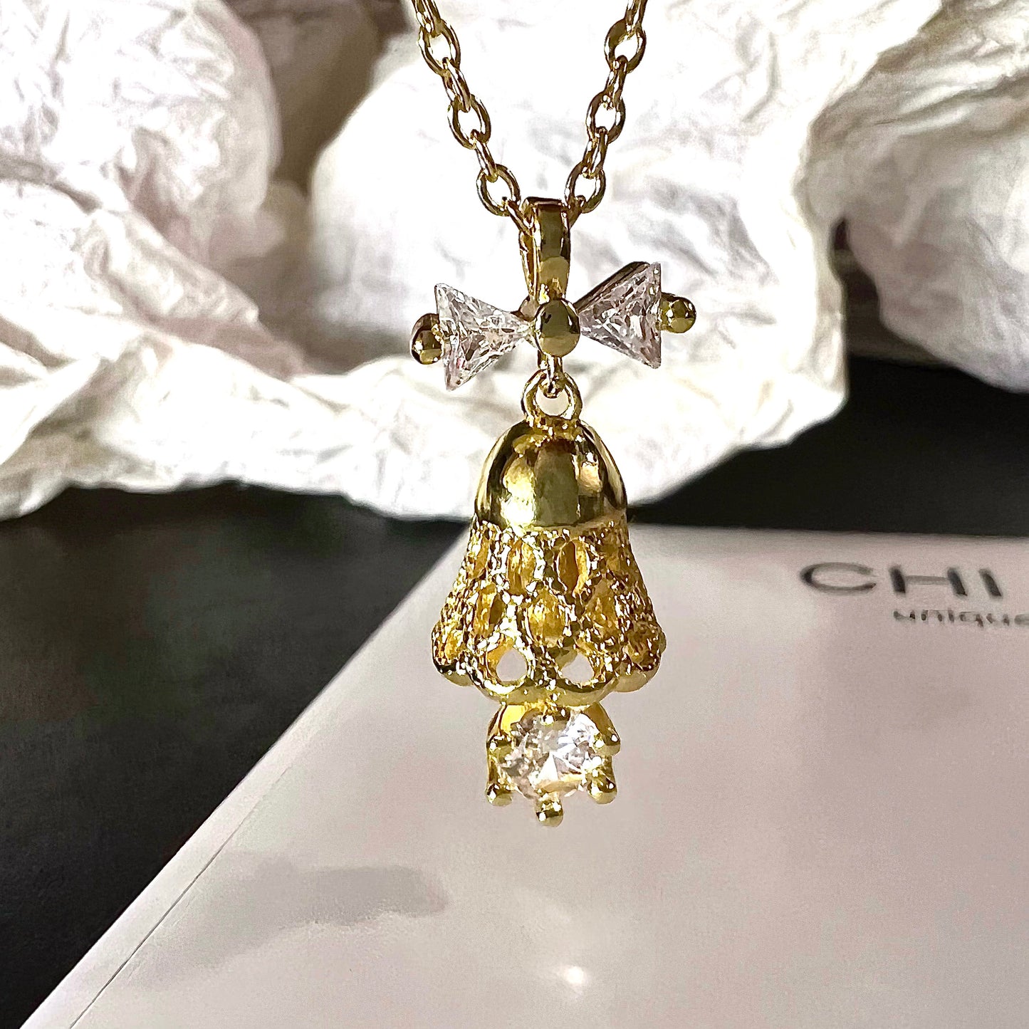 Golden Bell Zircon Drop Necklace